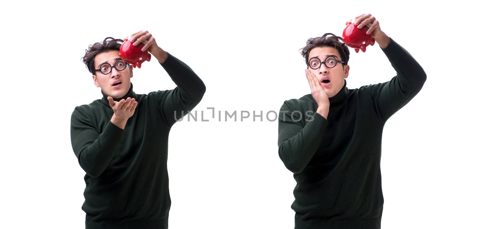 Nerd young man with piggybank isolated on white