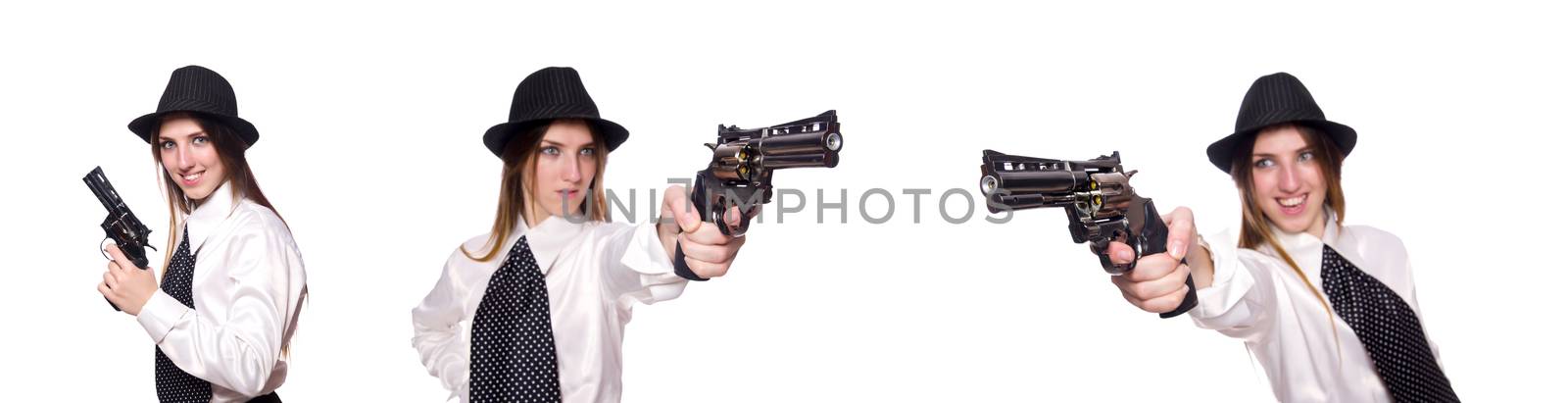Young woman holding handgun isolated on white