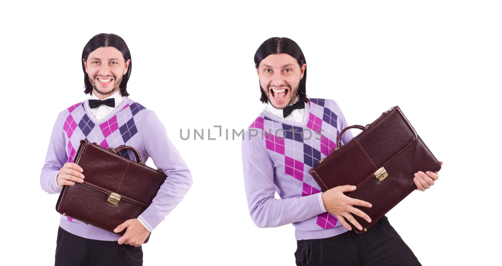 Smiling man with briefcase isolated on white