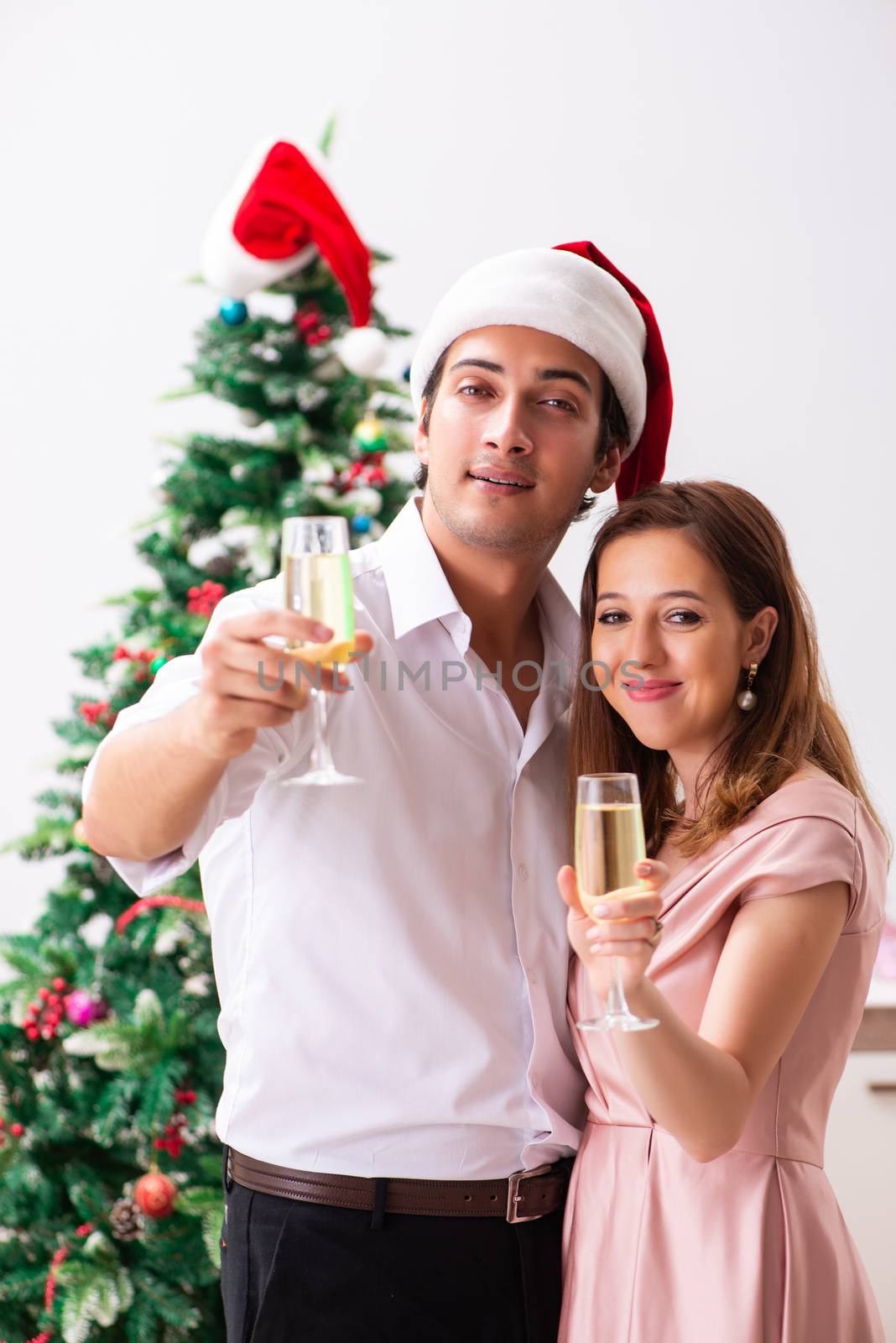 Young couple celebraring christmas with champagne by Elnur
