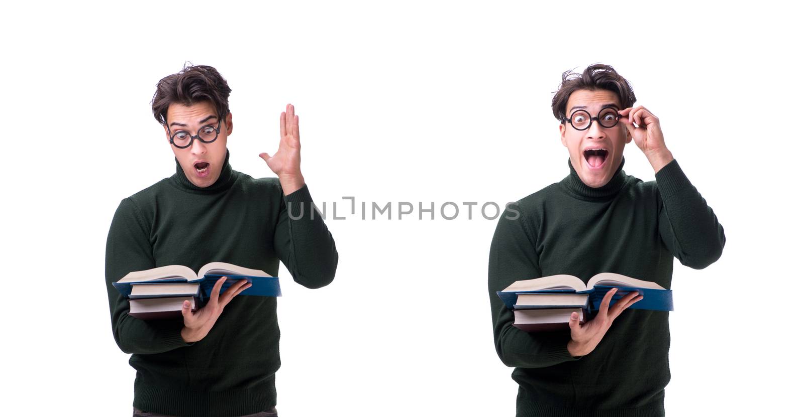 Nerd young student with books isolated on white