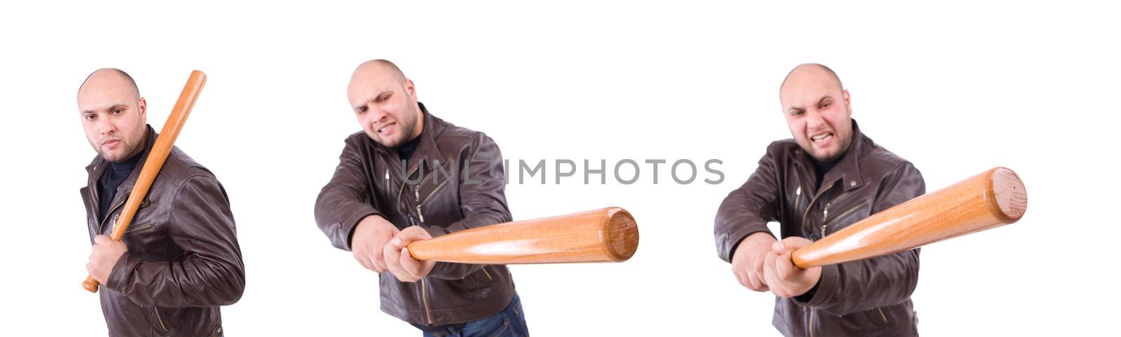 Violent man with baseball bat on white