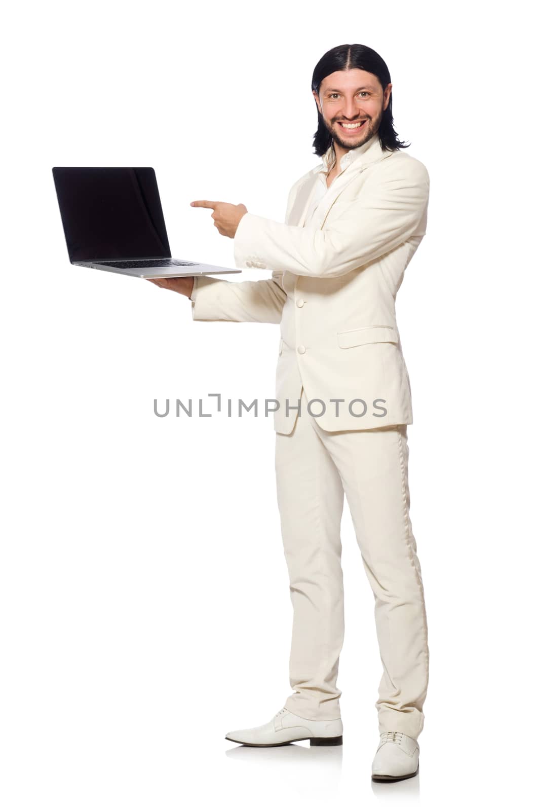 Young man with laptop isolated on white