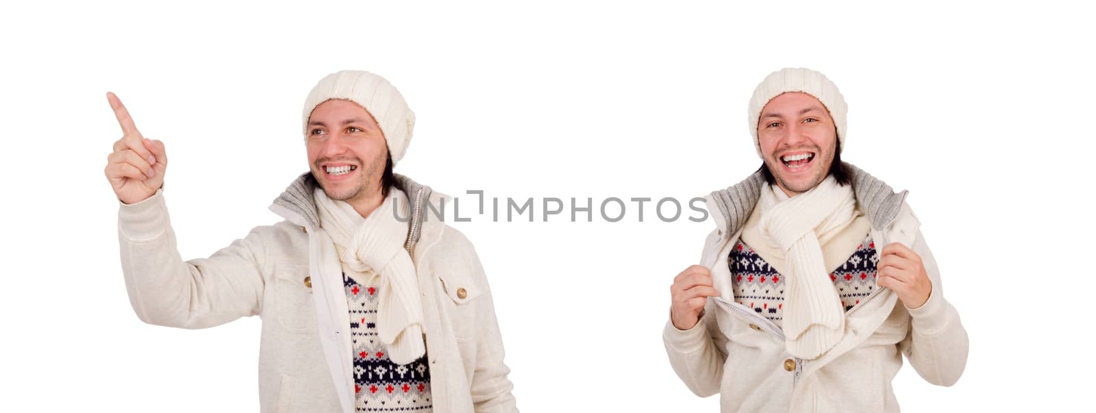 Young man in winter clothes isolated on white