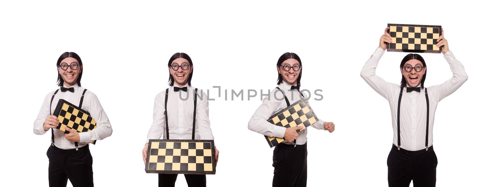 Funny man with chessboard isolated on white