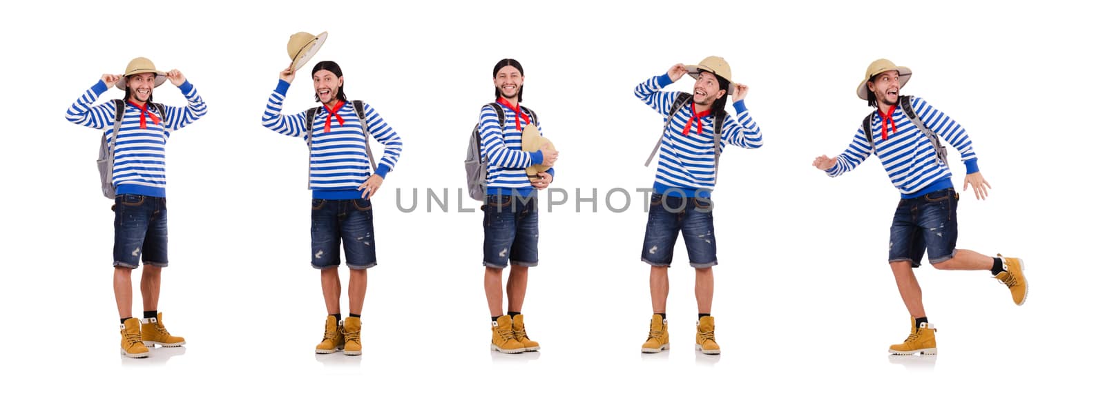 A tourist with bags isolated on white