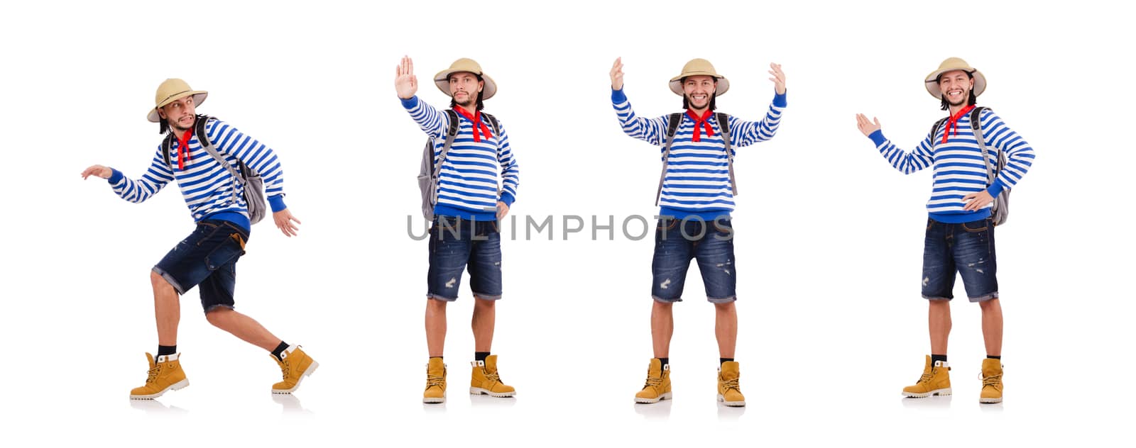 A tourist with bags isolated on white