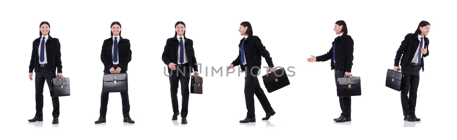 Young businessman holding briefcase isolated on white