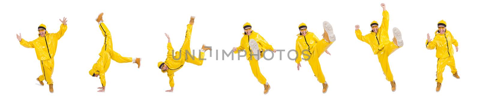 Modern dancer in yellow dress isolated on white