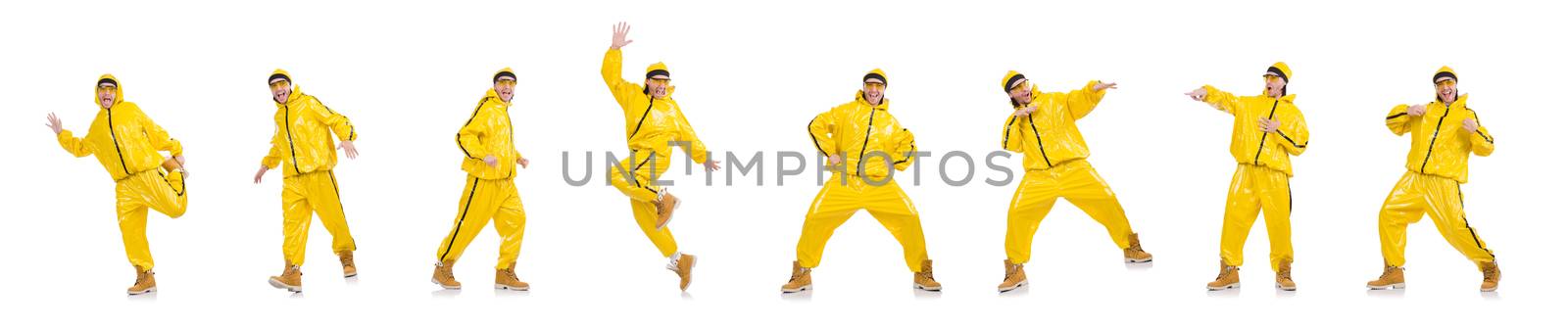 Modern dancer in yellow dress isolated on white