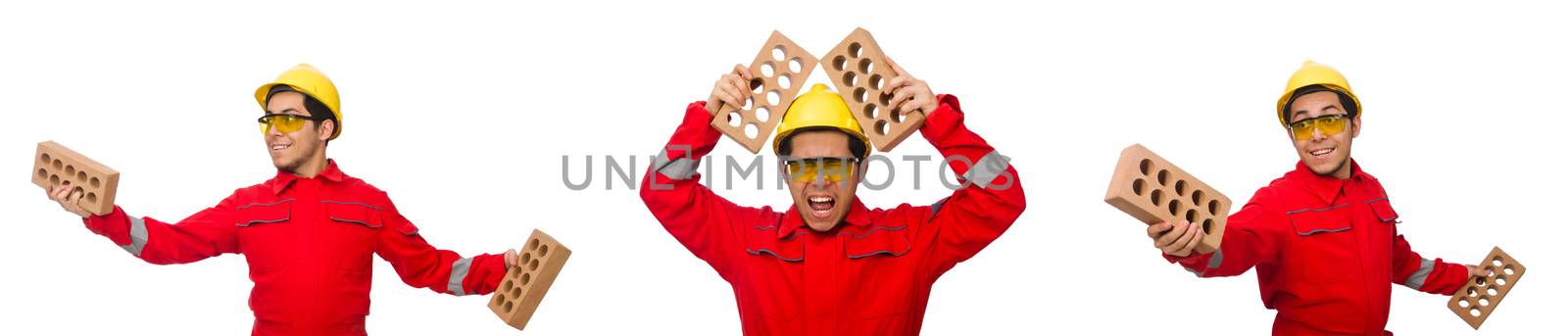 Construction worker with clay bricks on white
