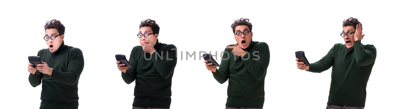 Nerd young man with calculator isolated on white