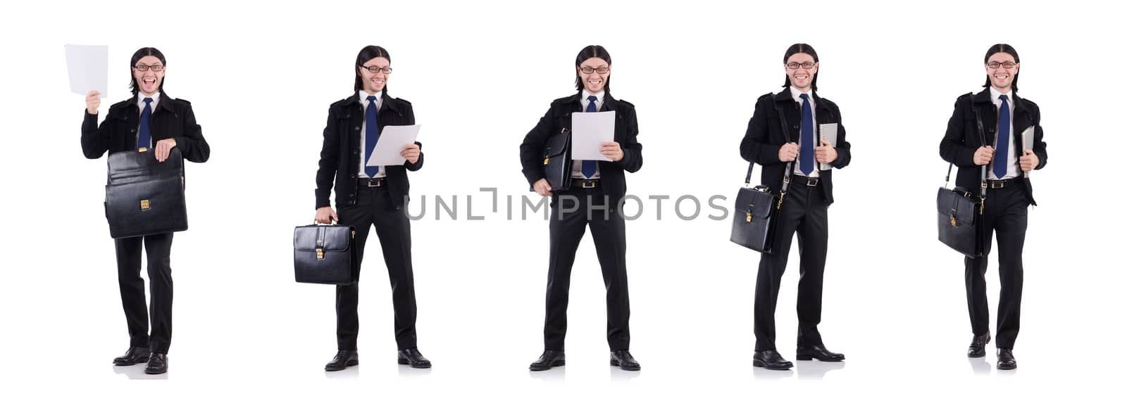 Young businessman holding briefcase isolated on white by Elnur