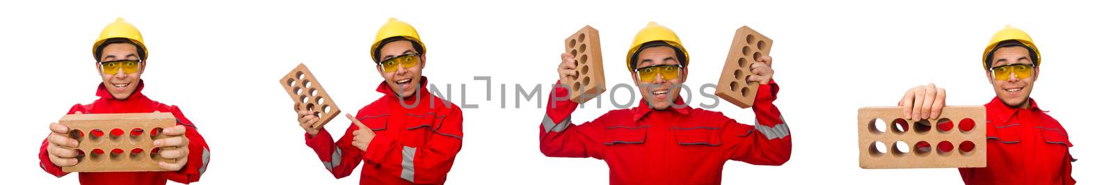 Construction worker with clay bricks on white