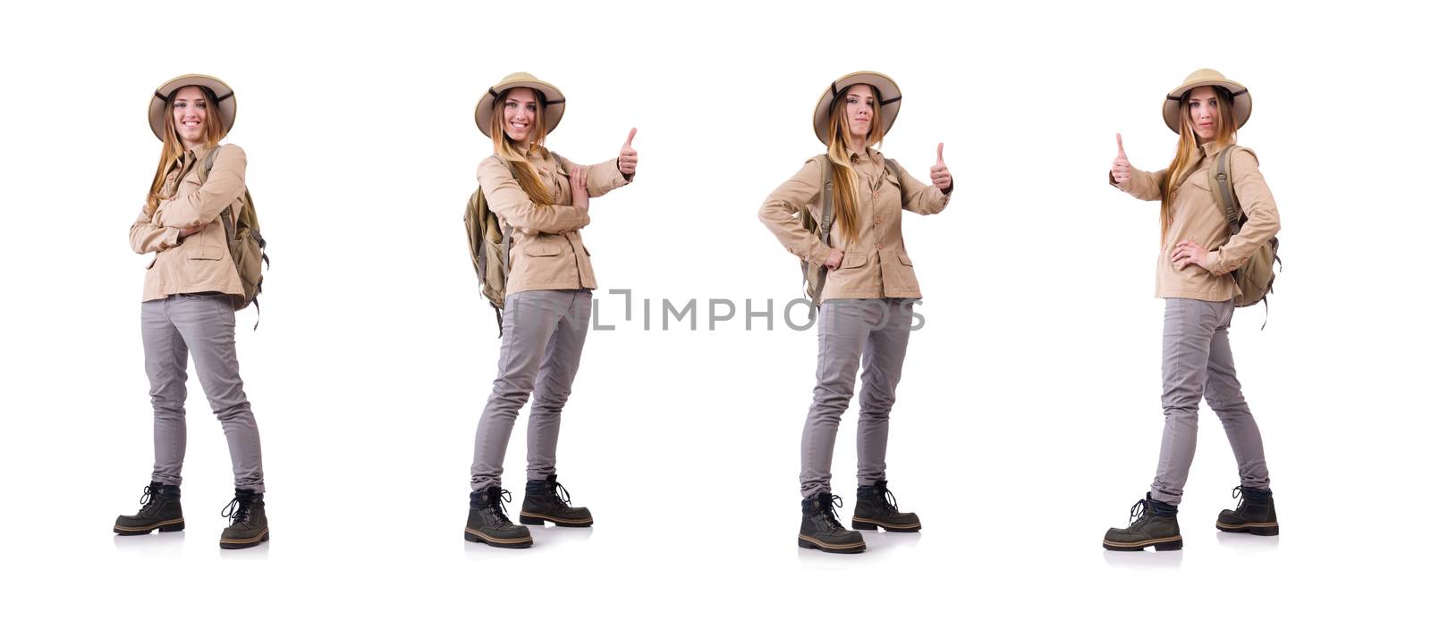 Woman wearing safari hat on white