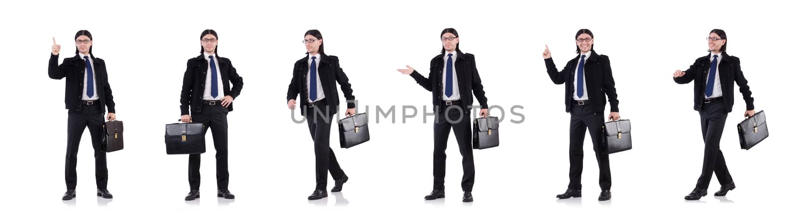 Young businessman holding briefcase isolated on white