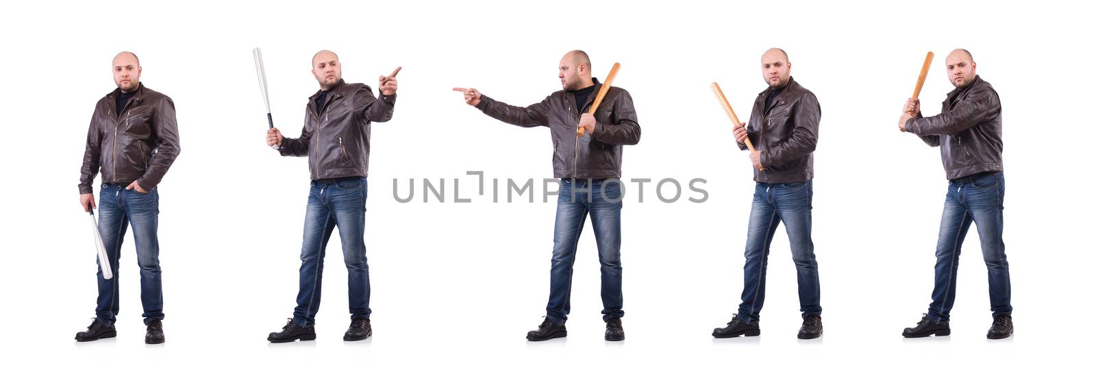 Violent man with baseball bat on white