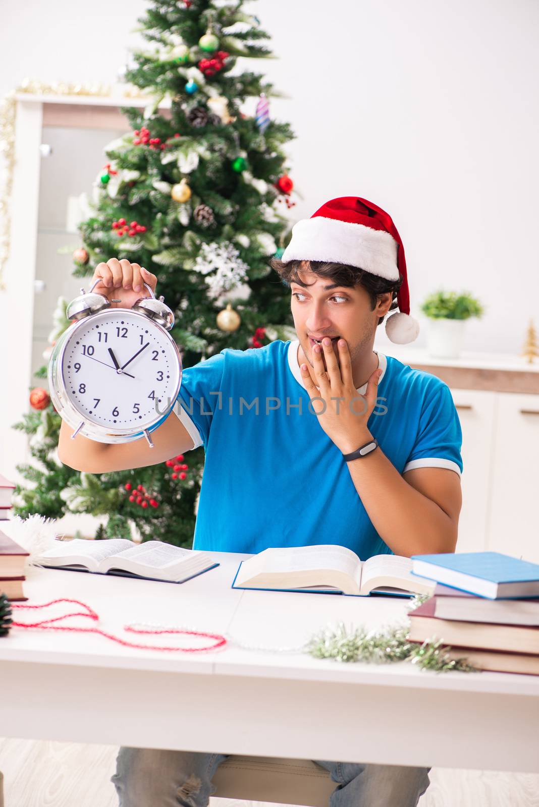 Young student with book at Christmas eve 