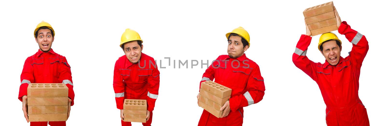 Construction worker with clay bricks on white