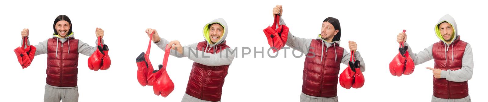 Man wearing boxing gloves isolated on white