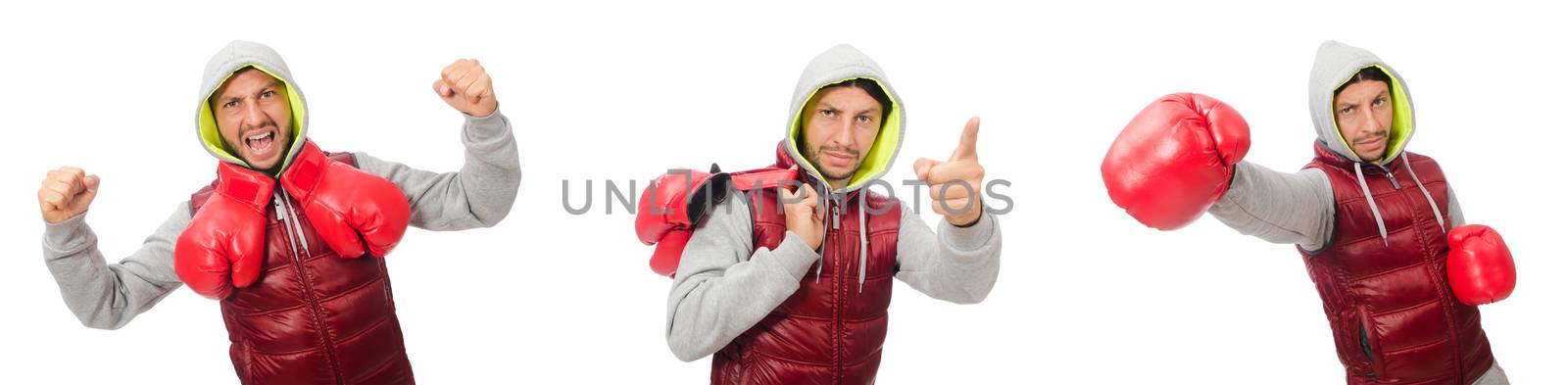 Man wearing boxing gloves isolated on white by Elnur