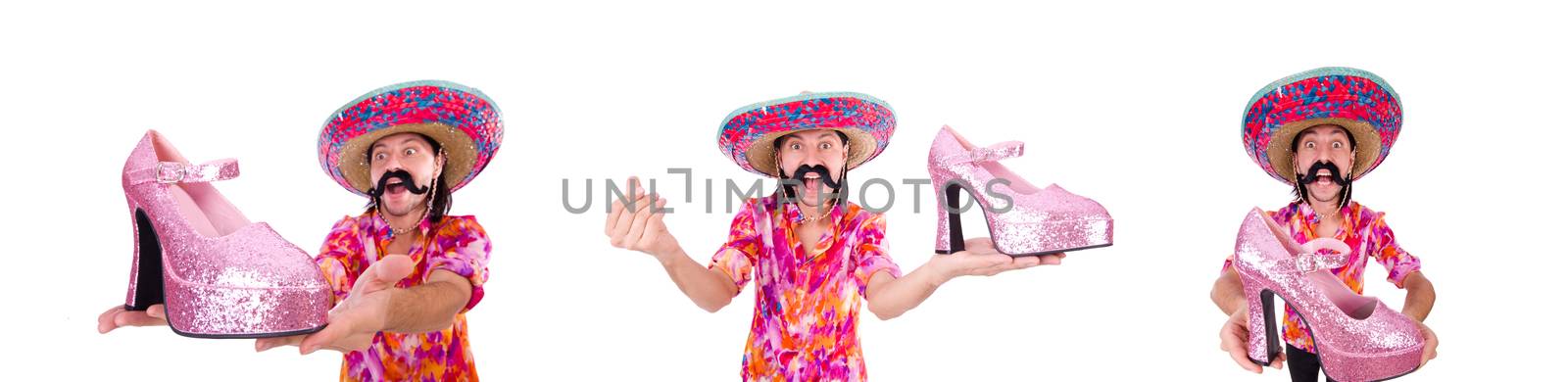 Funny mexican with woman shoe on white by Elnur