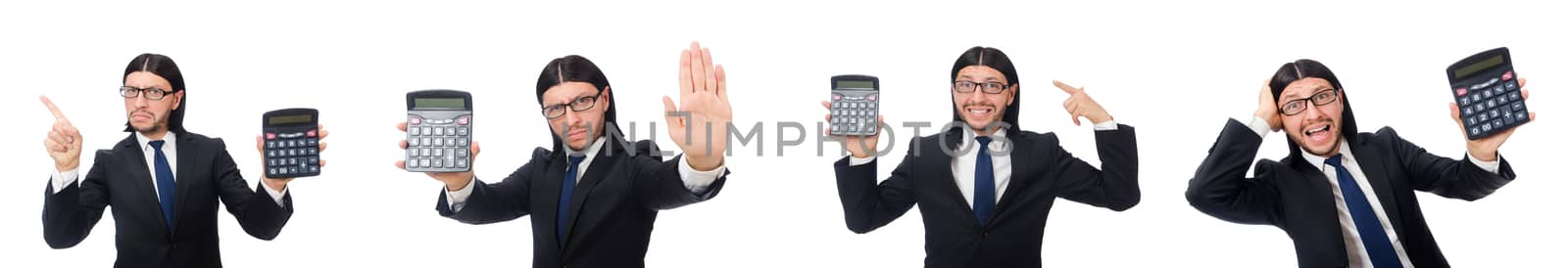 Man with calculator isolated on white