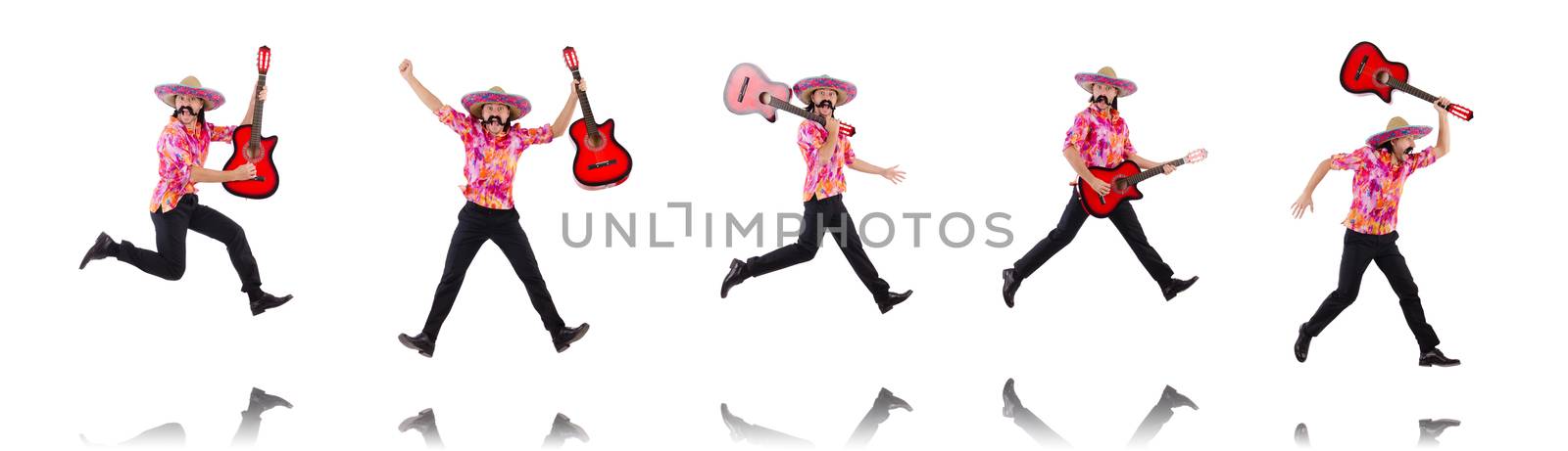Mexican male brandishing guitar isolated on white