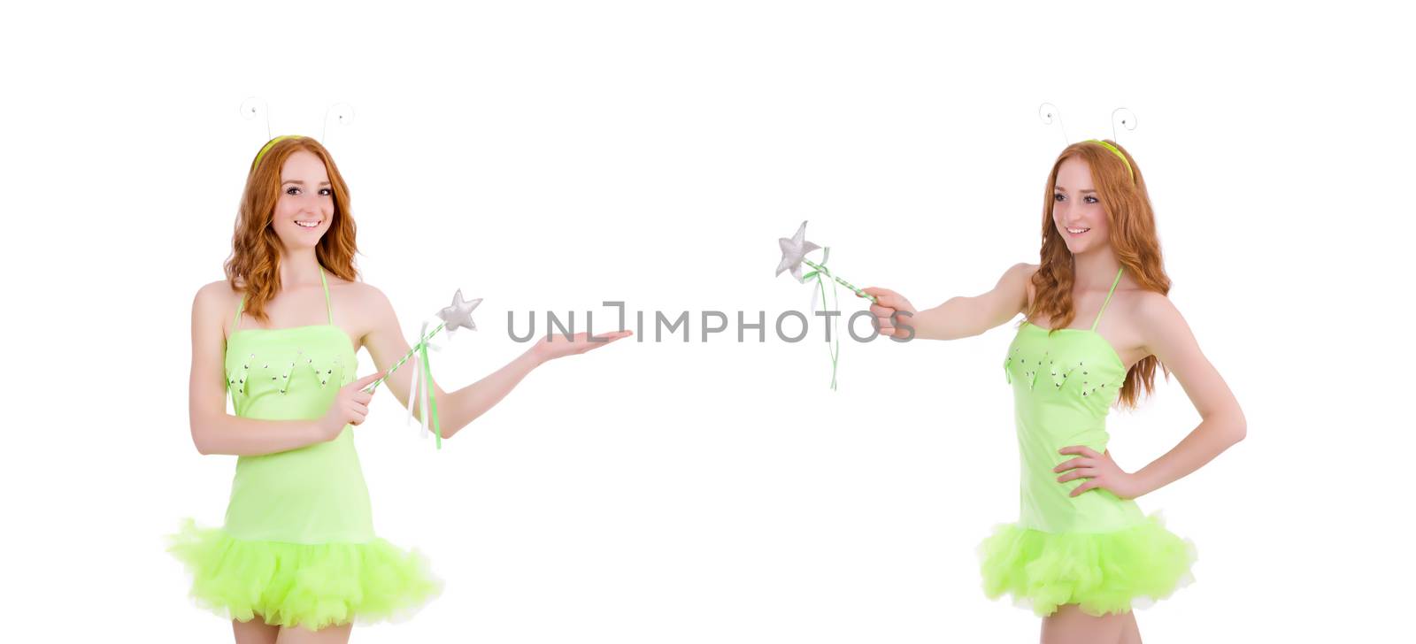 Pretty red hair fairy in green dress isolated on white by Elnur