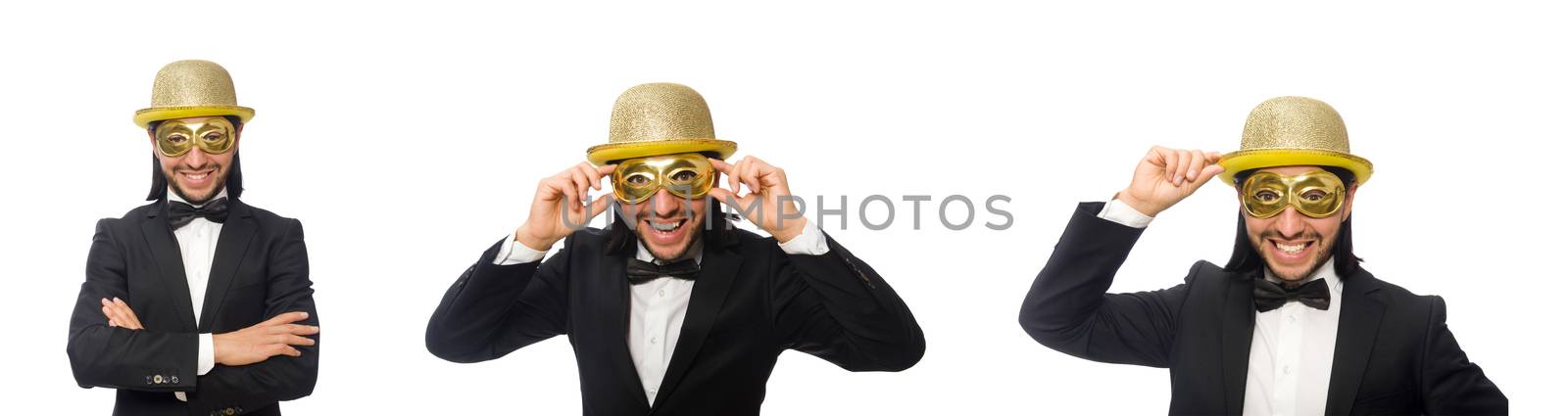 Funny man wearing mask isolated on white