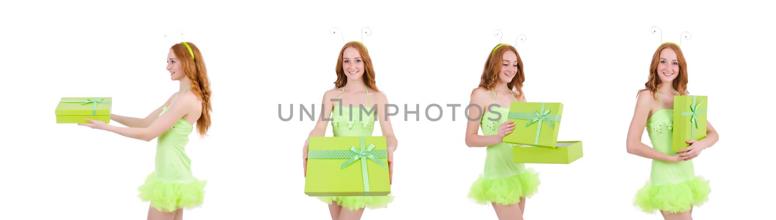 Woman with giftbox isolated on white