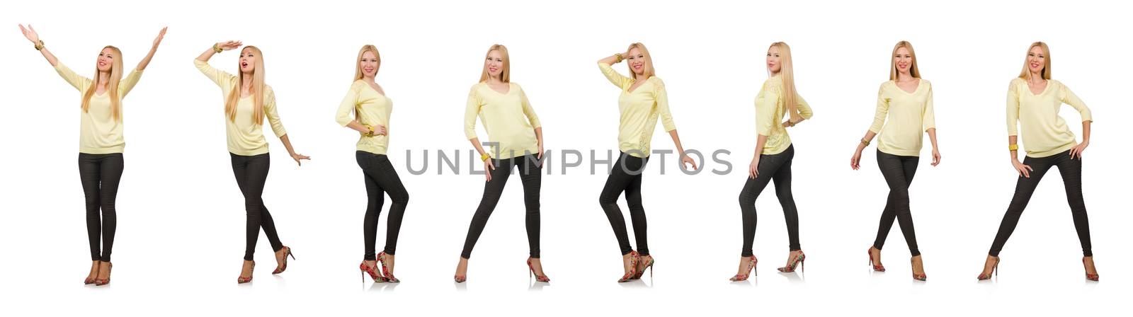 Pretty woman in yellow blouse isolated on white