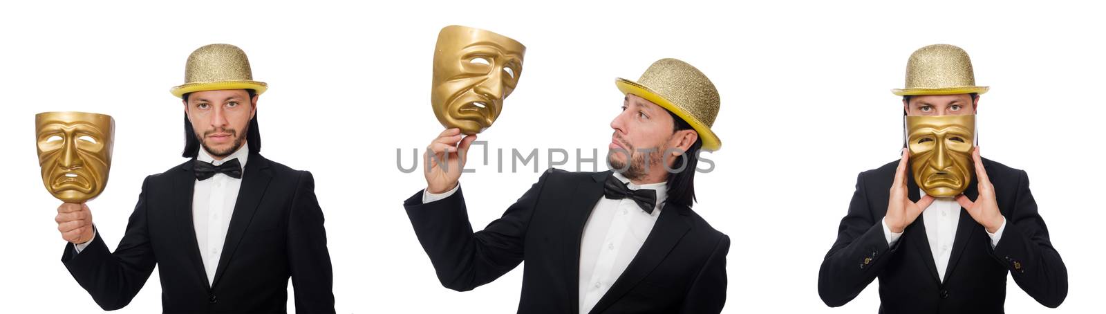 Man with theater mask isolated on white by Elnur
