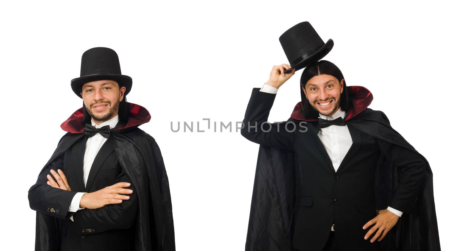 Man magician isolated on white