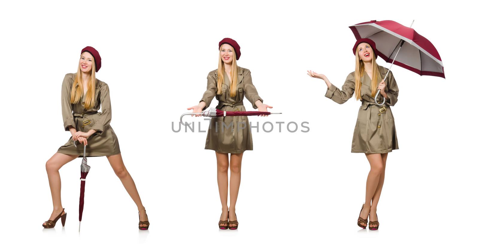 Woman with umbrella isolated on white