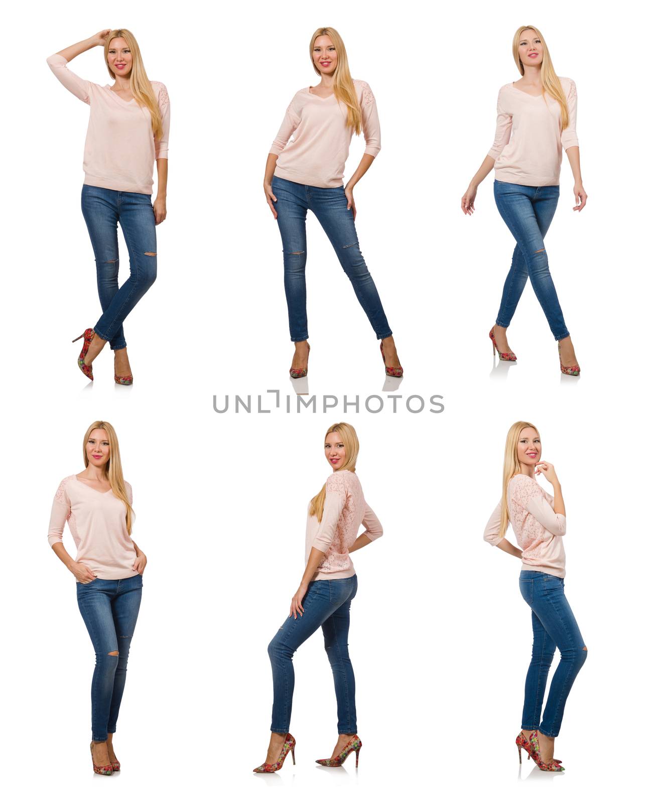 Pretty woman in blue jeans isolated on white