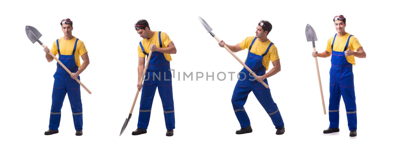 Contractor in blue coveralls with spade on white background by Elnur