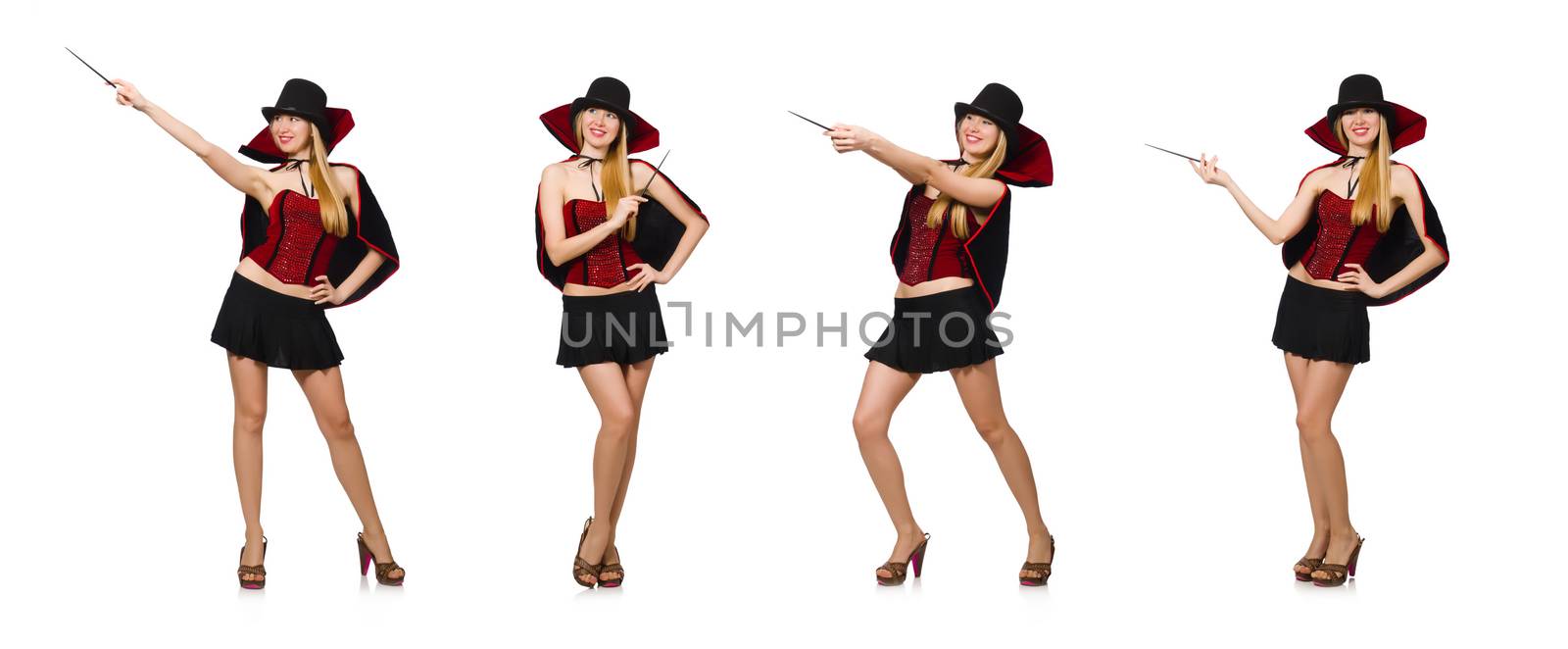 Woman magician with magic wand on white