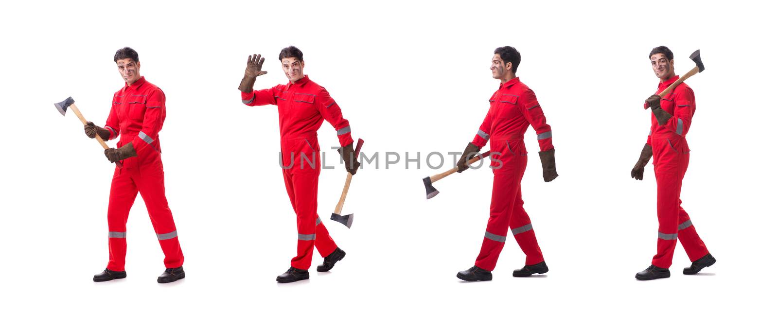 Contractor employee with axe on white background 