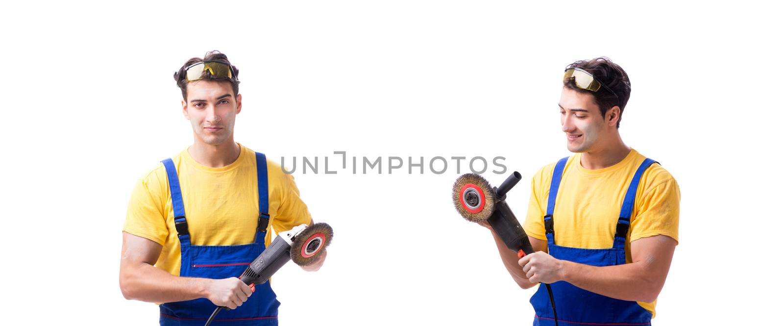Contractor employee with sander isolated on white background
