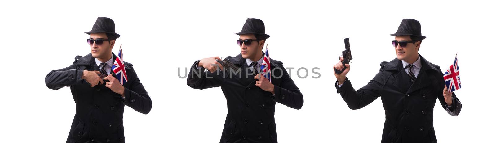 Man spy with handgun and usa flag isolated on white background