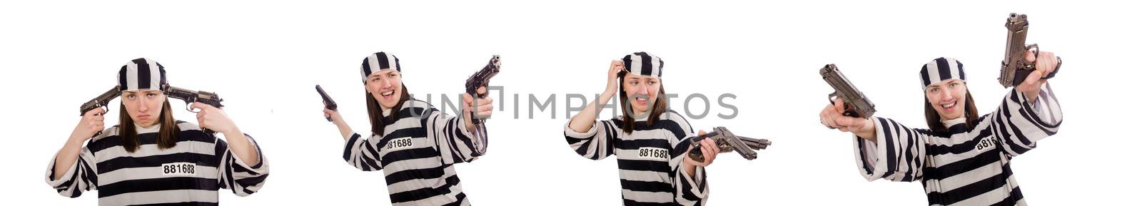Young woman in prison isolated on white