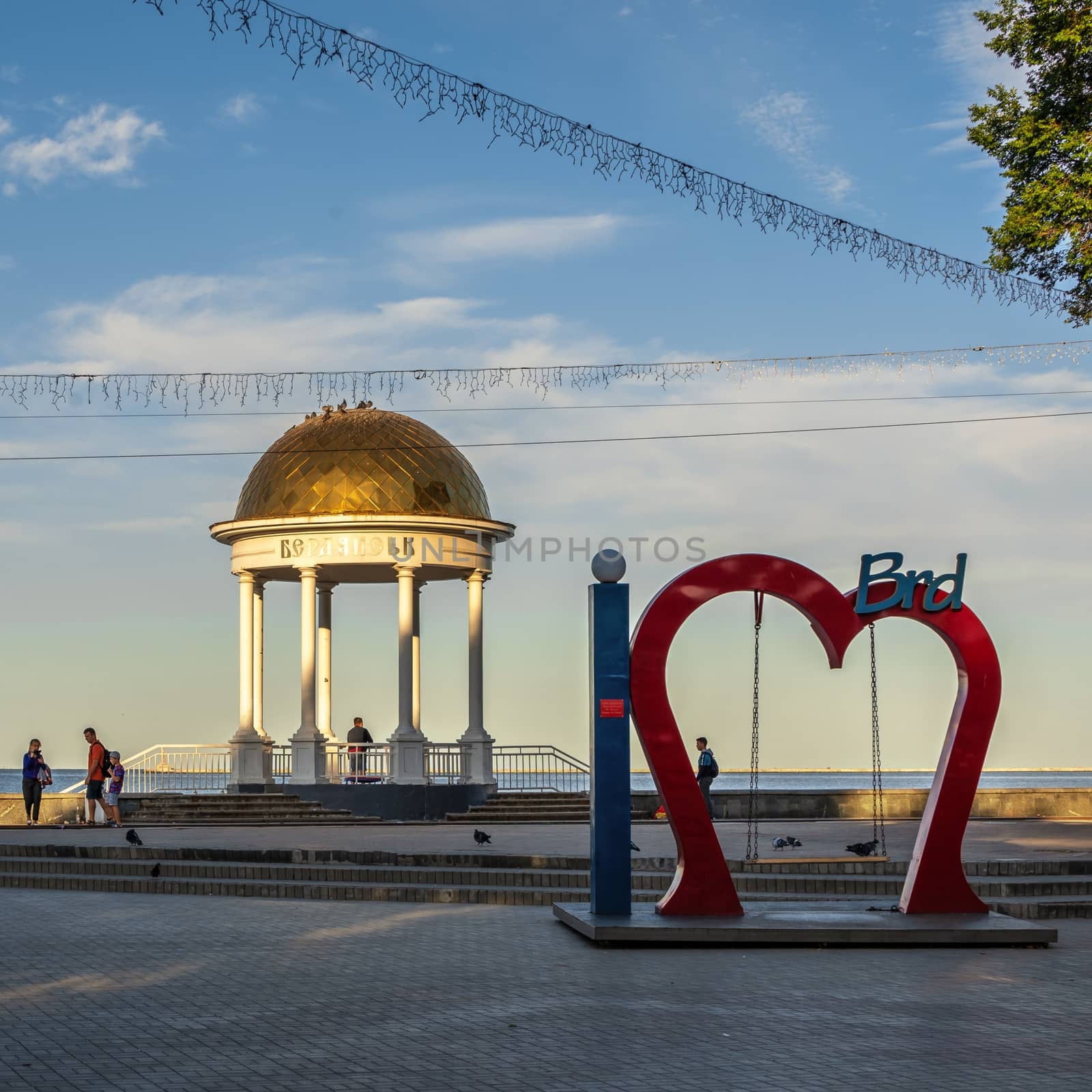 Berdyansk, Ukraine 07.23.2020. Alcove on the embankment of the Sea of Azov in Berdyansk, Ukraine, in an early summer morning