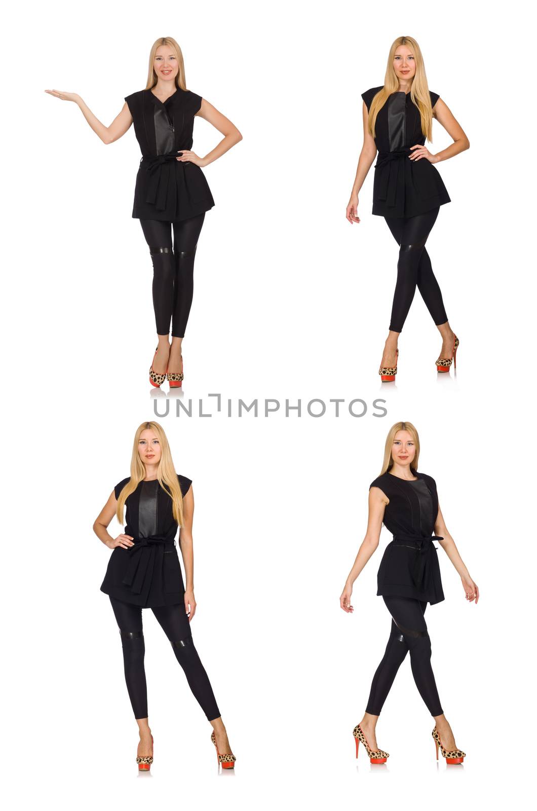 Pretty woman in tight black pants isolated on white