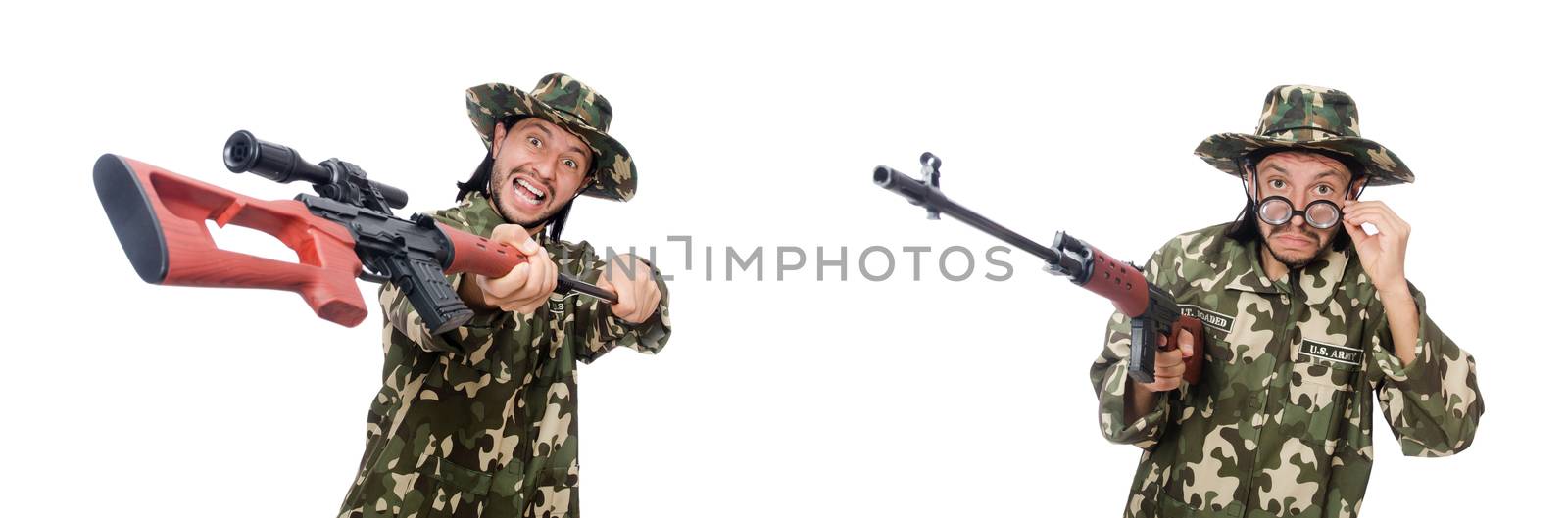 Soldier with weapons isolated on white by Elnur