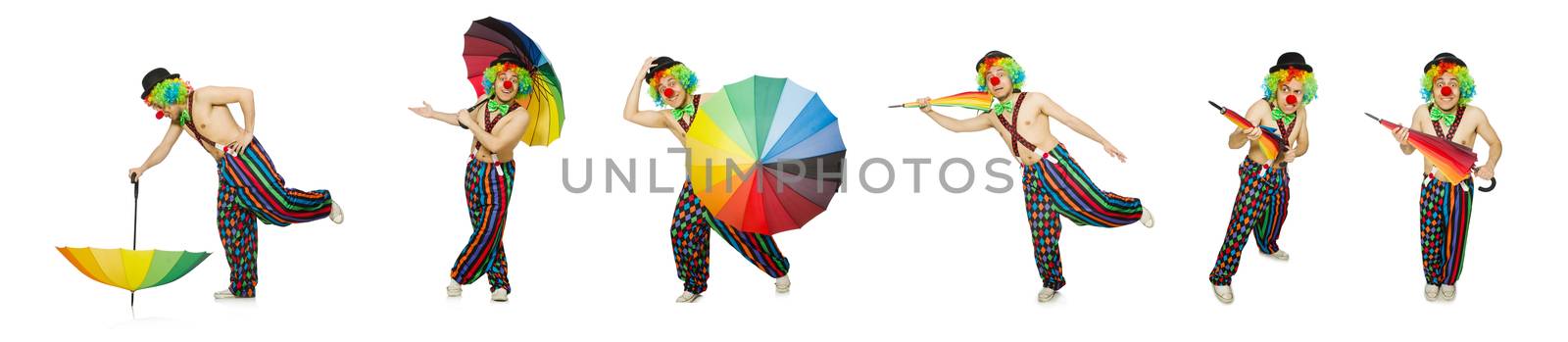 Clown with umbrella isolated on white by Elnur