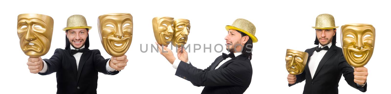 Man with theater mask isolated on white by Elnur