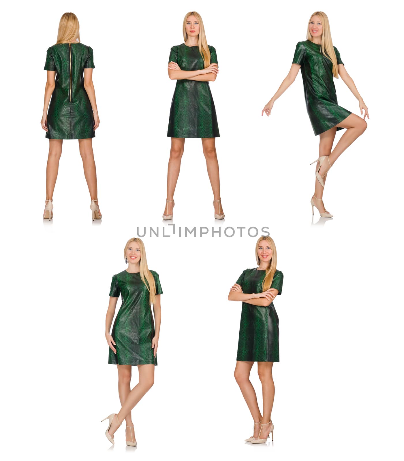 Young woman in green dress isolated on white