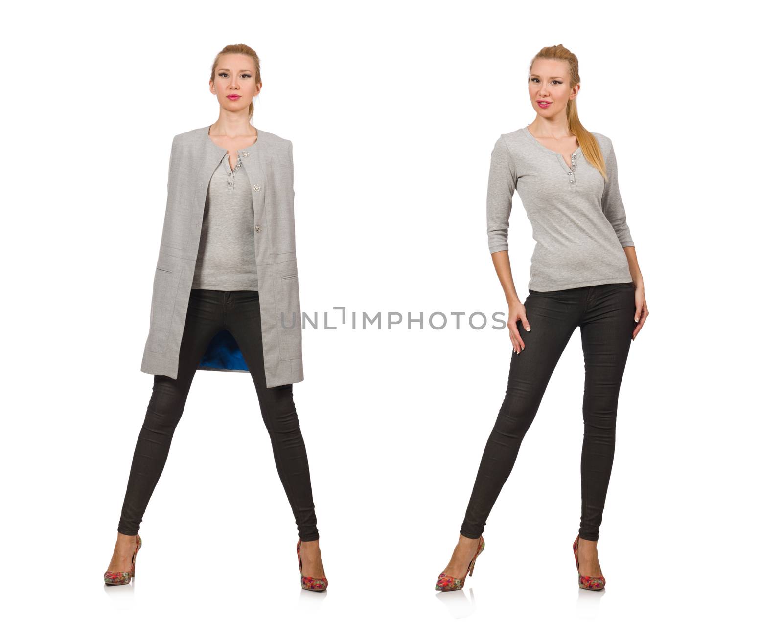 Pretty woman in gray blouse isolated on white