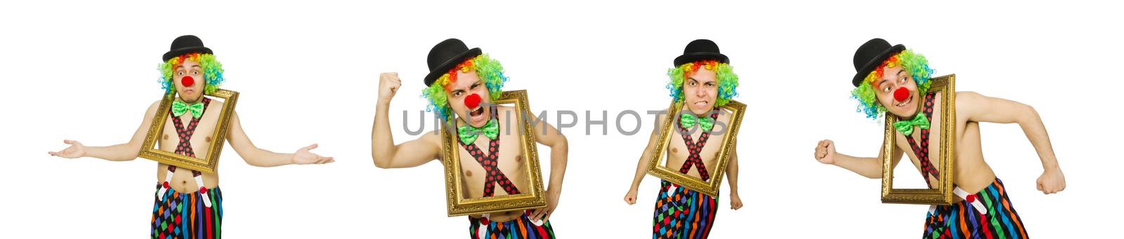 Clown with picture frame isolated on white by Elnur